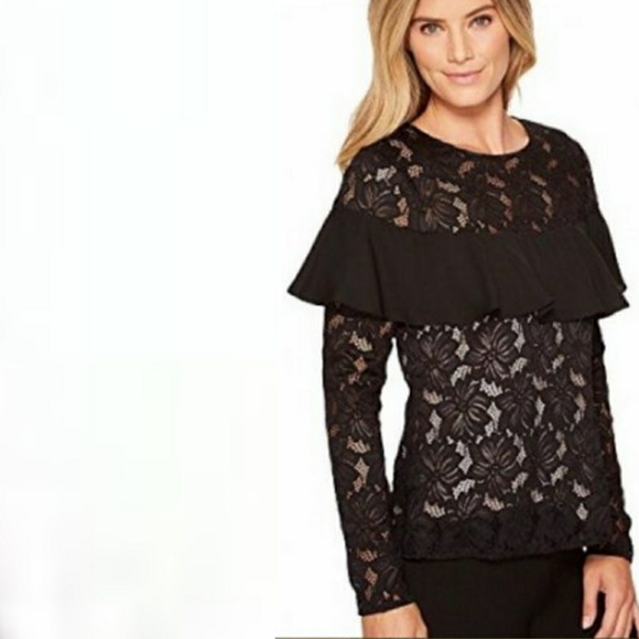 NWT Ivanka Trump Black Lace Ruffle Trim Blouse - Picture 1 of 7